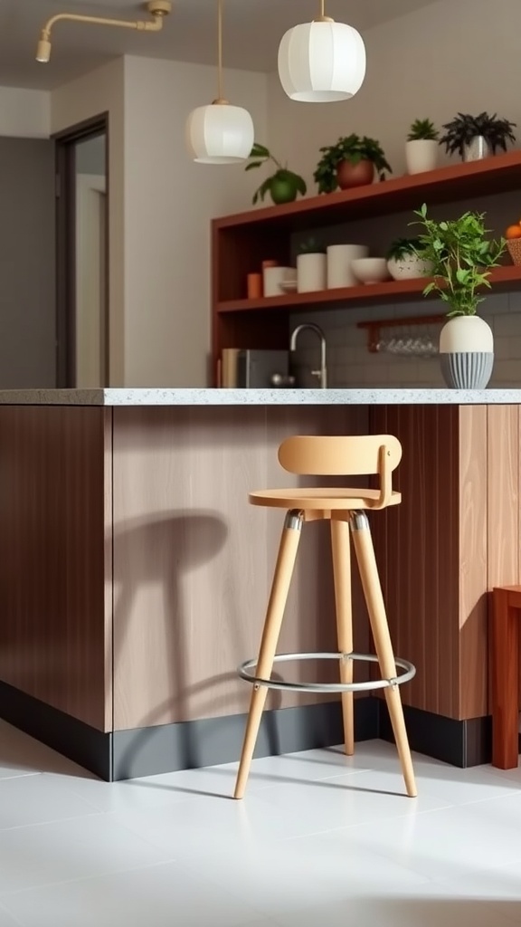 A lightweight wooden bar stool in a small modern kitchen with plants and pendant lights.