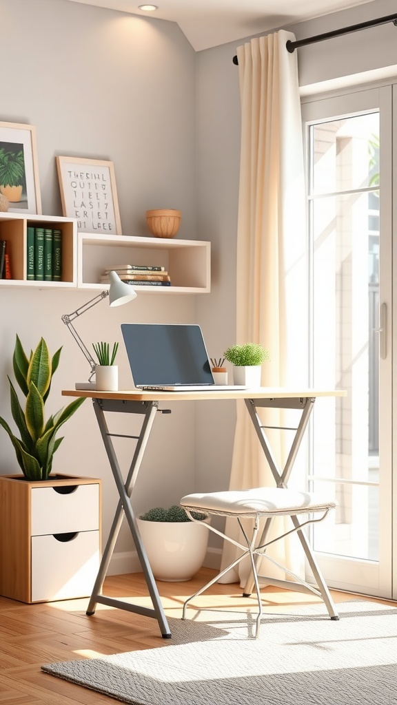 A feminine small home office featuring a lightweight folding desk with a laptop and decorative plants.