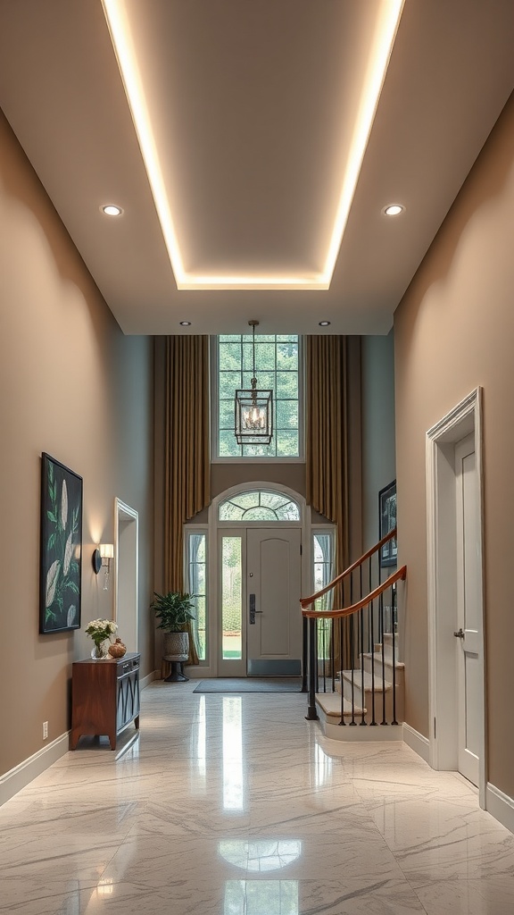 Entrance hall with a linear LED fixture in the ceiling, highlighting the space with soft light.