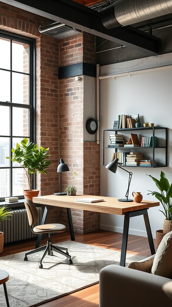 A stylish loft-style workspace featuring a wooden desk, modern chairs, potted plants, and large windows.