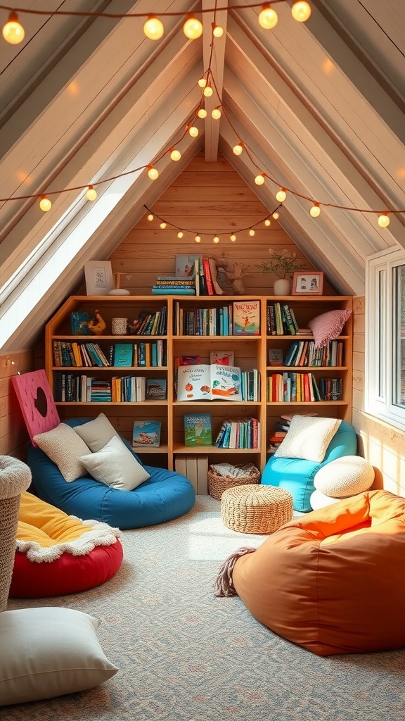 Cozy loft-style reading nook with colorful bean bags and bookshelves filled with children's books.