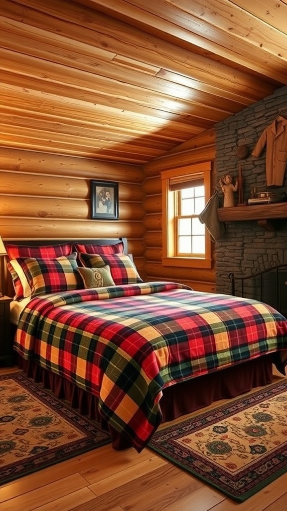 Cozy log cabin-style bedroom with plaid bedding and wooden walls