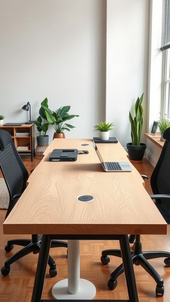 A bright home office with a long plywood desk designed for two people, featuring comfortable chairs and plants.