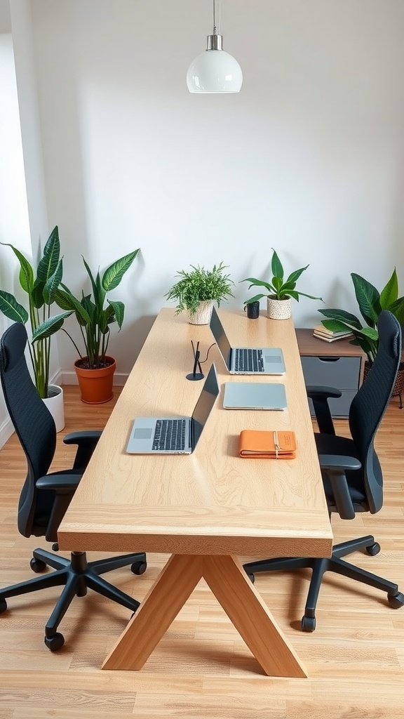 A spacious home office with a long plywood desk accommodating two people, featuring laptops and potted plants.