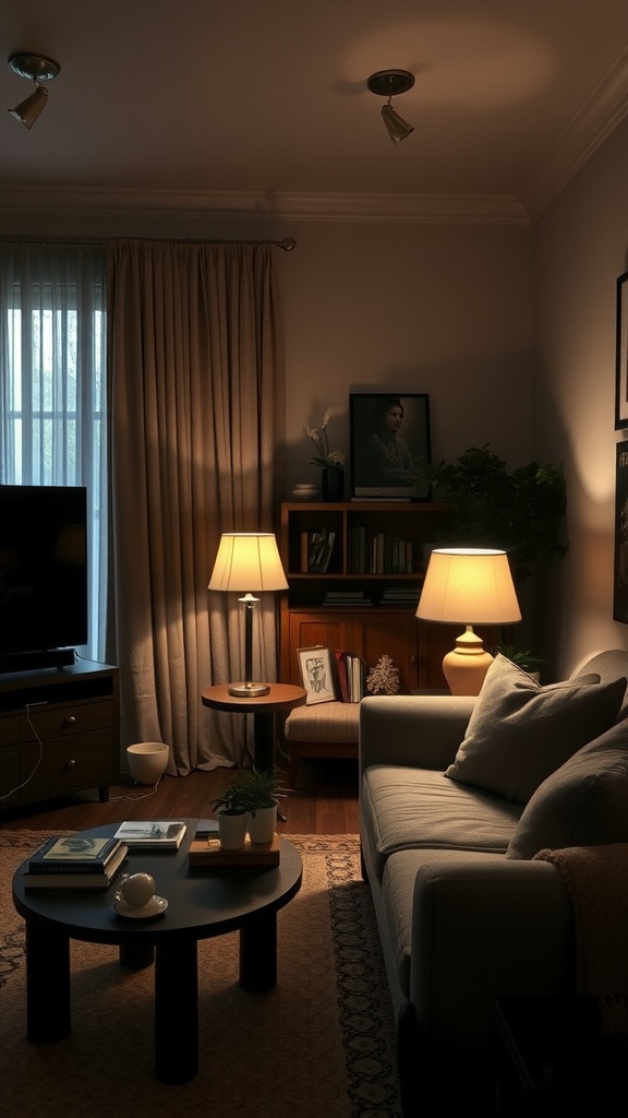 A cozy living room featuring low table lamps providing warm ambient lighting.
