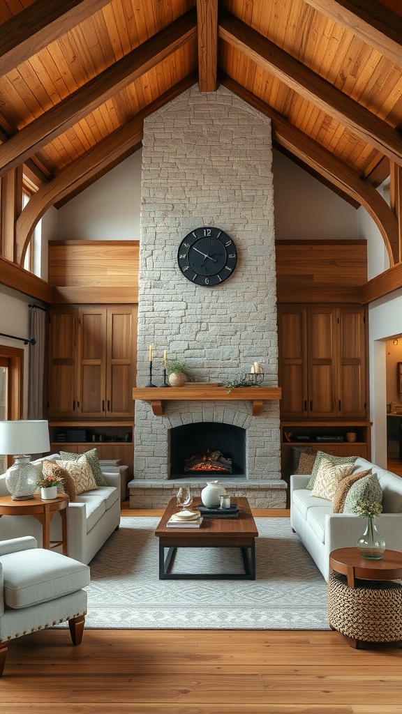 A cozy rustic farmhouse living room featuring a stone fireplace, vaulted wooden ceiling, and comfortable neutral sofas.