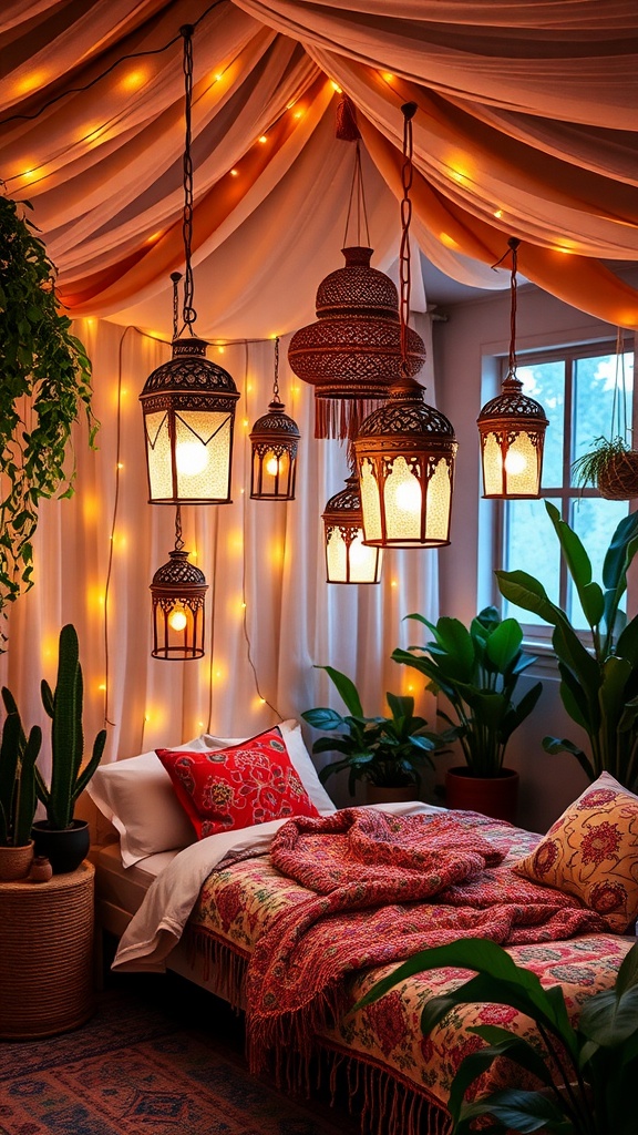 Cozy bohemian bedroom with lanterns, fairy lights, and colorful textiles