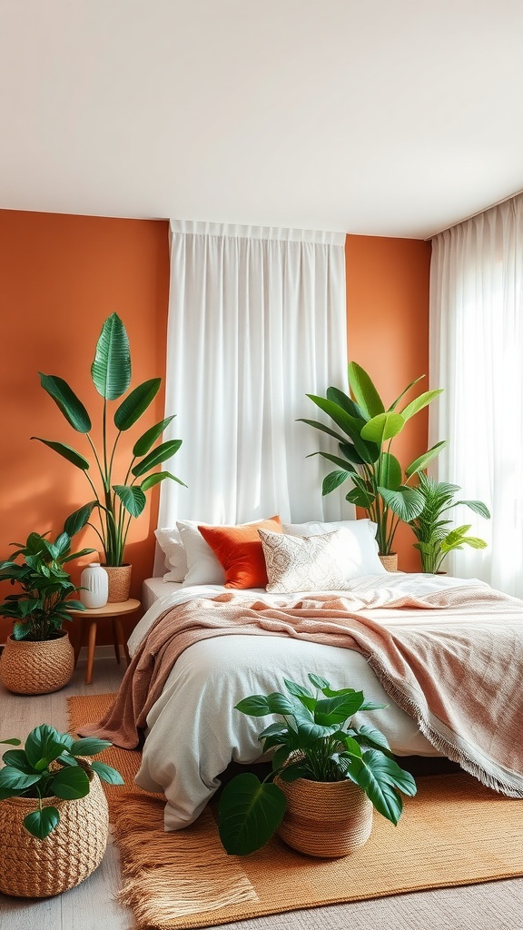 A cozy bedroom featuring terracotta walls, a white bed with orange accents, and lush green plants in woven baskets.