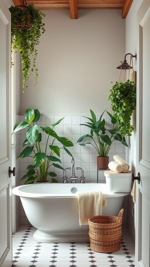 Cozy farmhouse bathroom with freestanding tub and lush greenery.