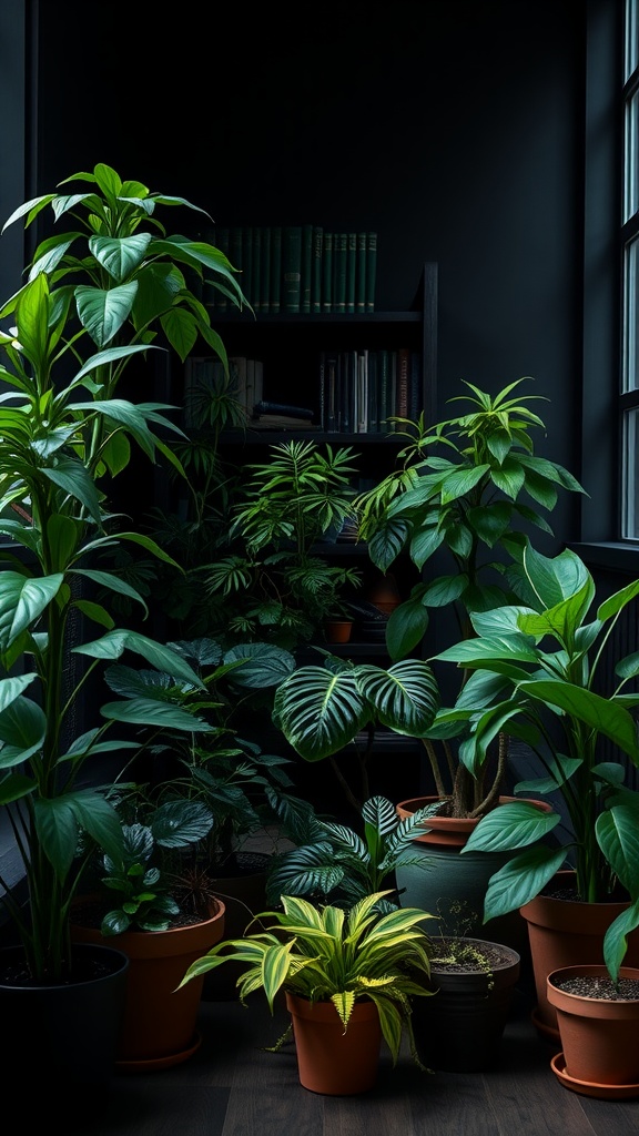 A collection of potted plants with lush greenery against a dark background, creating a cozy and inviting atmosphere.