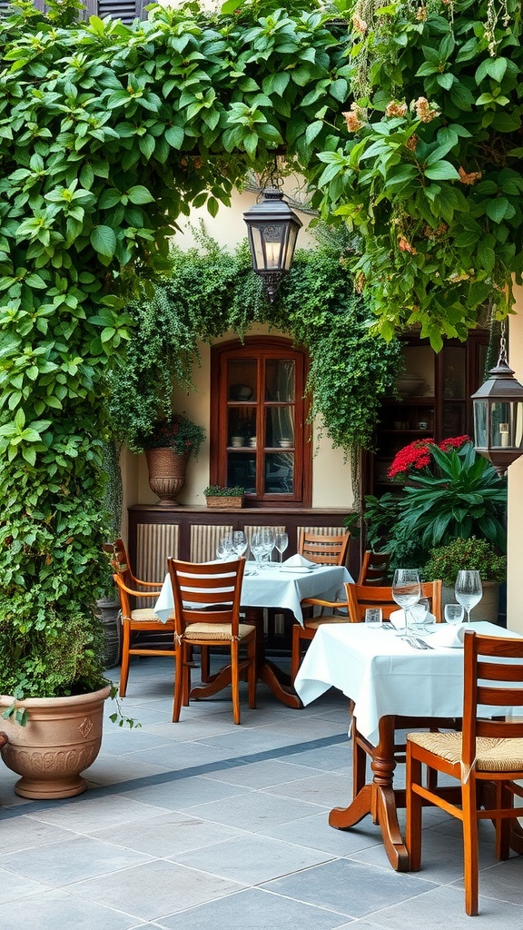 Outdoor dining area surrounded by lush greenery in Liguria, Italy