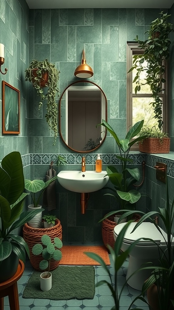 A green-themed bathroom with plants, green tiles, and a modern sink.