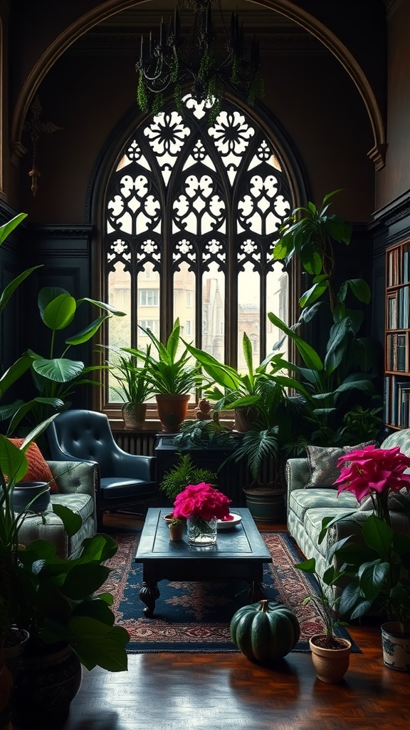 Living room featuring lush indoor plants, dark furnishings, and a Gothic-style window