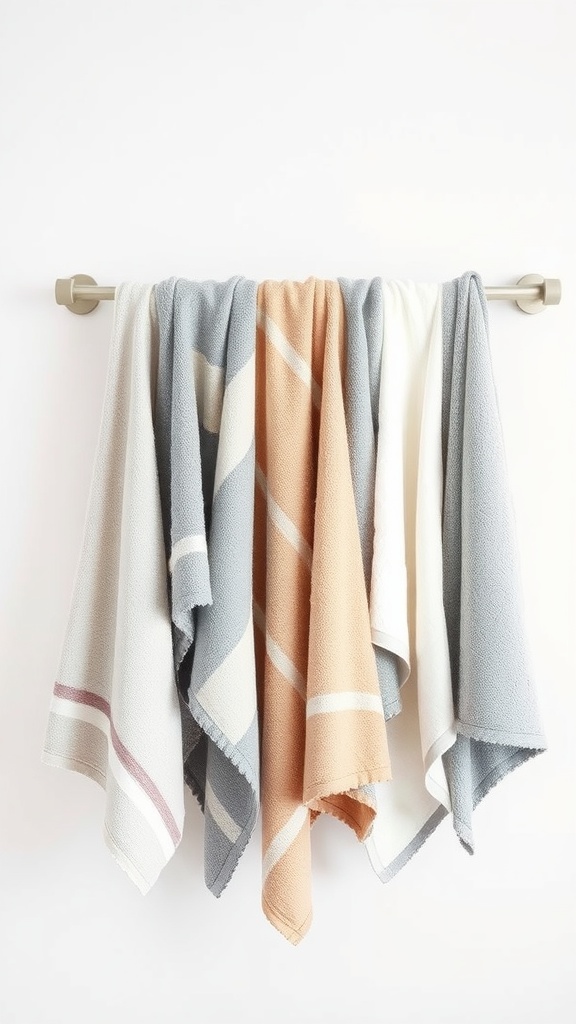 A collection of textured towels in gray, white, and peach colors hanging on a towel rack.