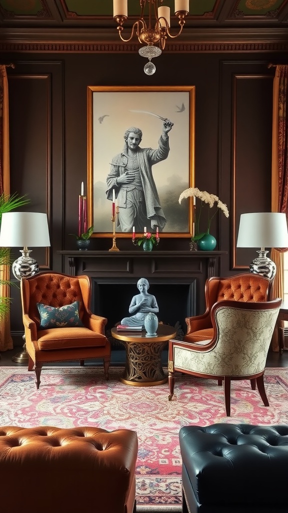 Elegant living room featuring luxurious accent chairs, ornate chandelier, and classic artwork