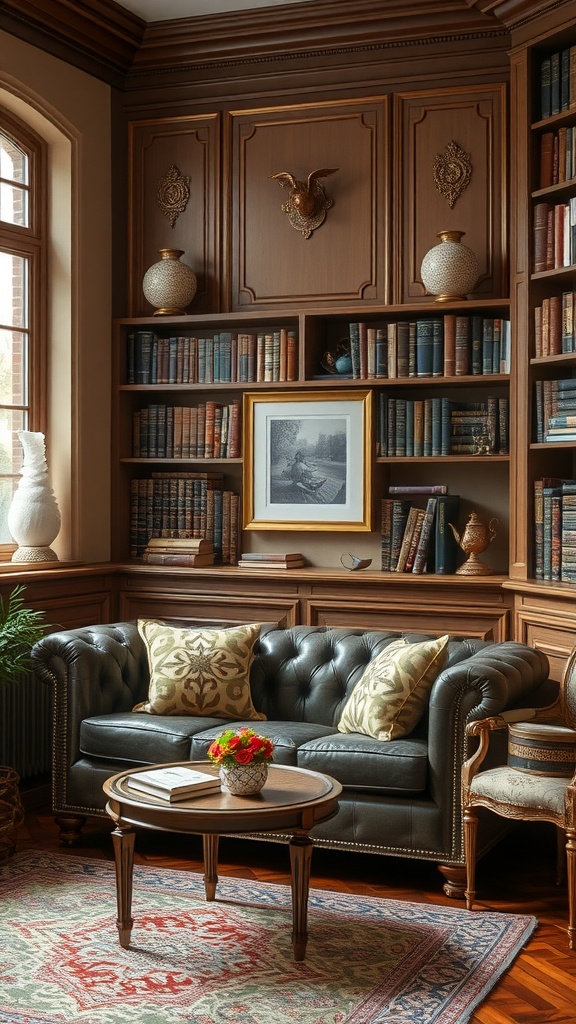 A luxurious library corner featuring a Chesterfield sofa, wooden bookshelves filled with books, and decorative elements.