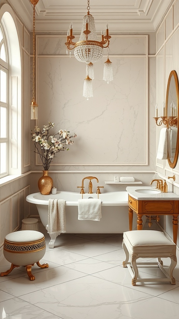 Luxurious bathroom featuring cream and taupe colors with elegant decor