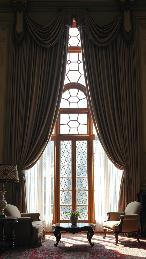 Luxurious drapery treatments framing a grand window in a classic living room.