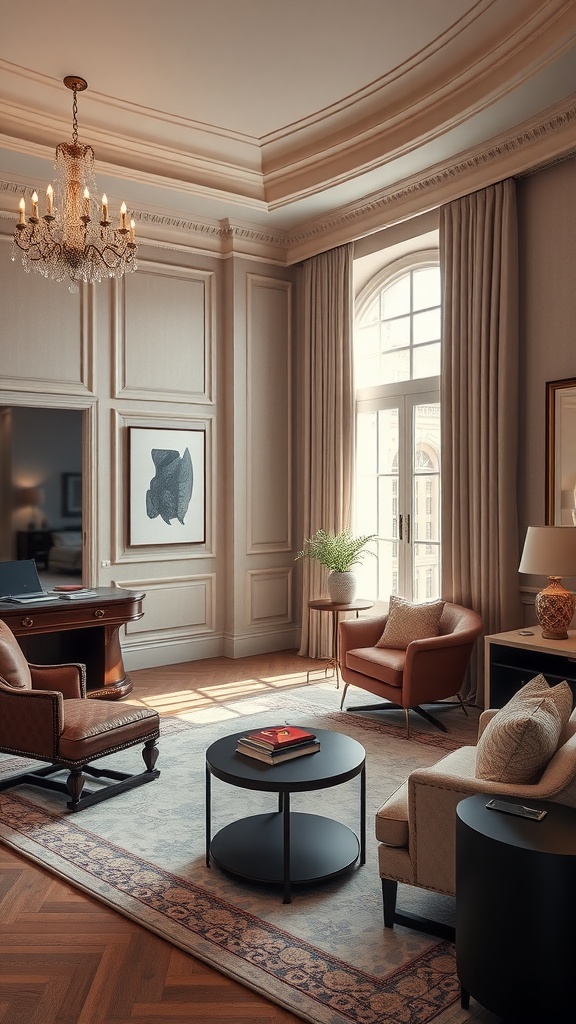 Luxurious modern home office with elegant furniture and natural light