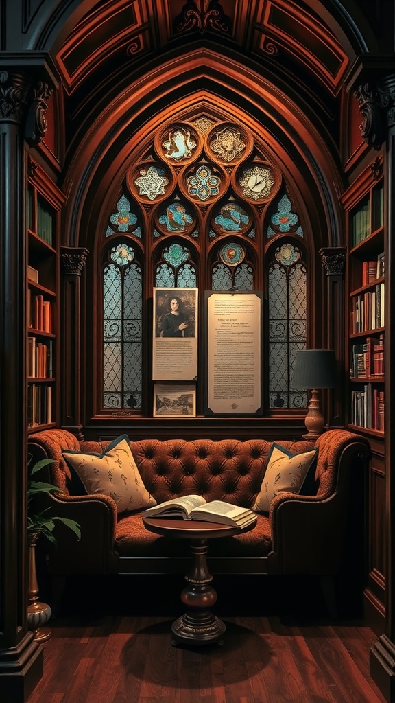 A luxurious gothic reading nook with a cozy sofa, stained glass window, and bookshelves.