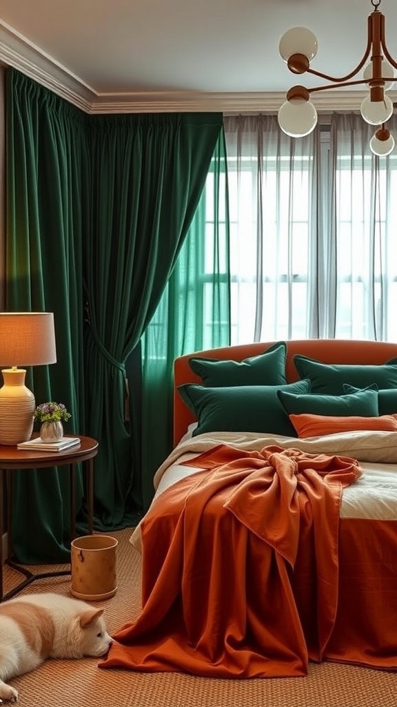 A beautifully designed bedroom with green velvet curtains and pillows, complemented by terracotta bedding and decor.