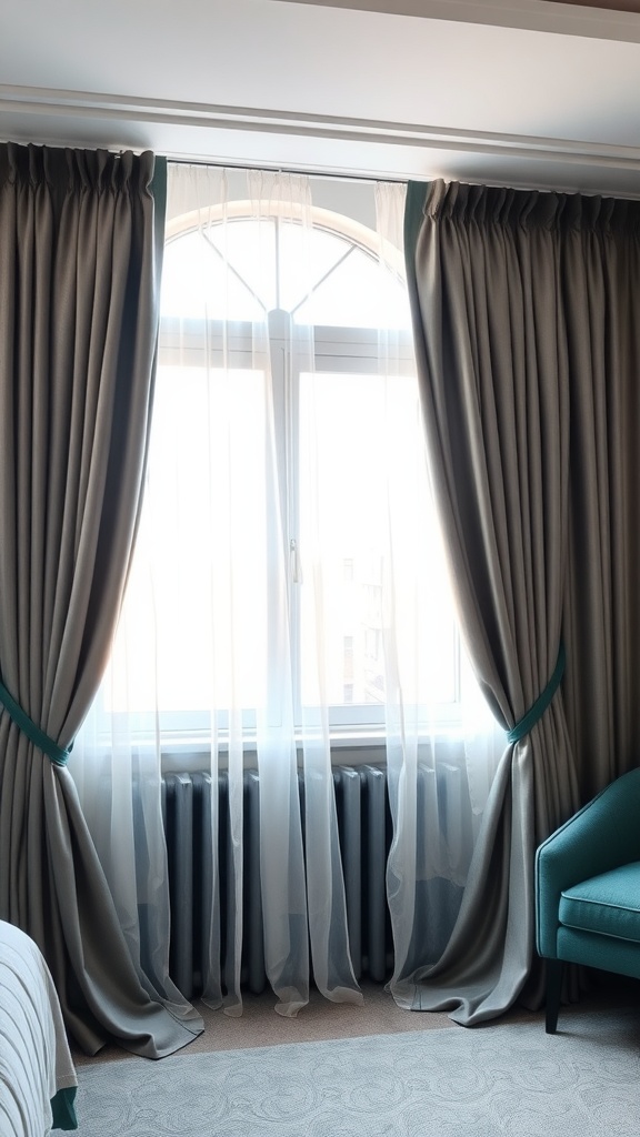 Elegant grey curtains with teal accents in a bright bedroom window