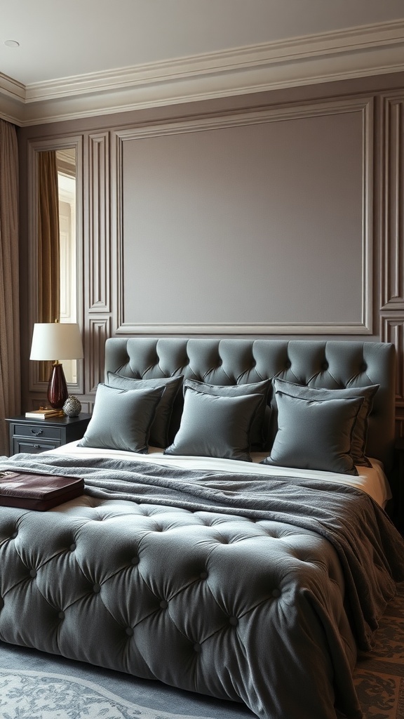 Elegant grey velvet upholstered bed with tufted headboard and matching pillows in a stylish bedroom setting