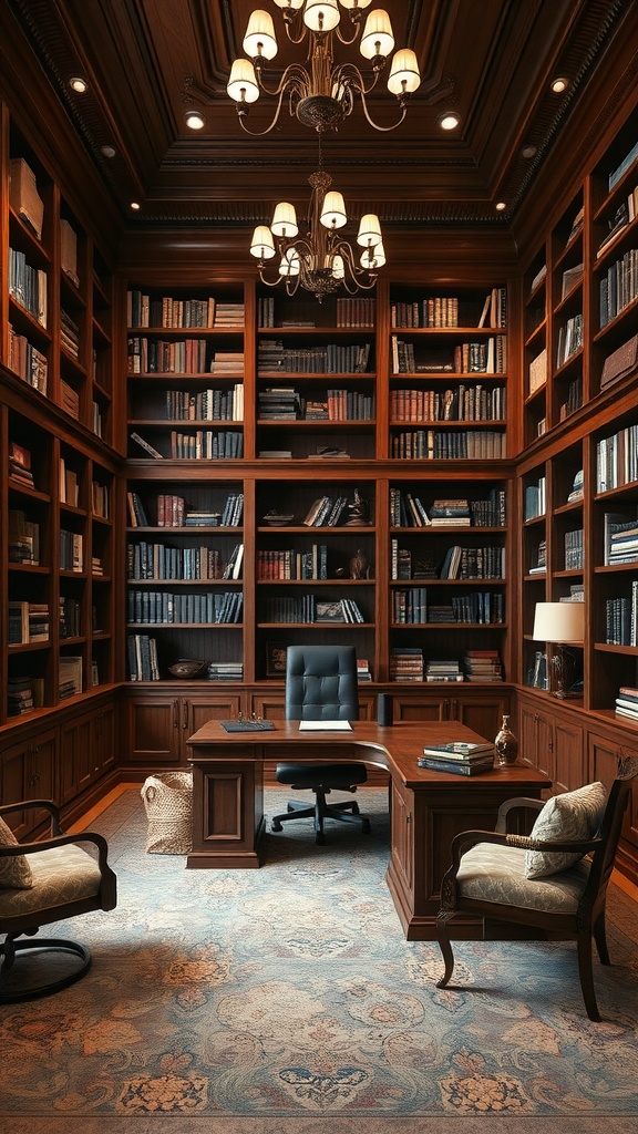 A luxurious home library office with wooden shelves filled with books, elegant lighting, and comfortable seating