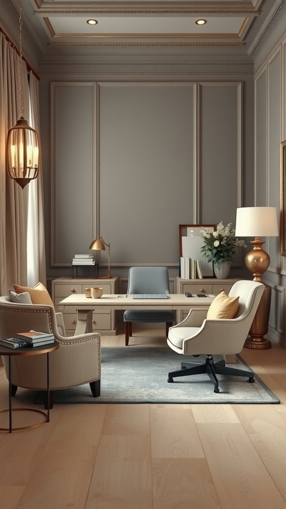 Luxurious home office with elegant touches, featuring a stylish desk, plush chairs, and tasteful decor.