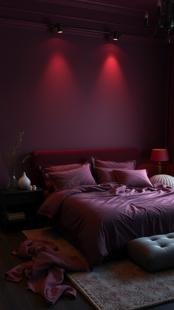 A dark and moody bedroom featuring plum and burgundy hues, with soft bedding and warm lighting.