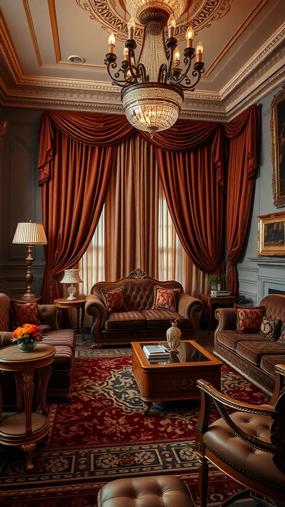 Luxurious old-world living room with rich textiles, elegant drapes, and intricate patterns.