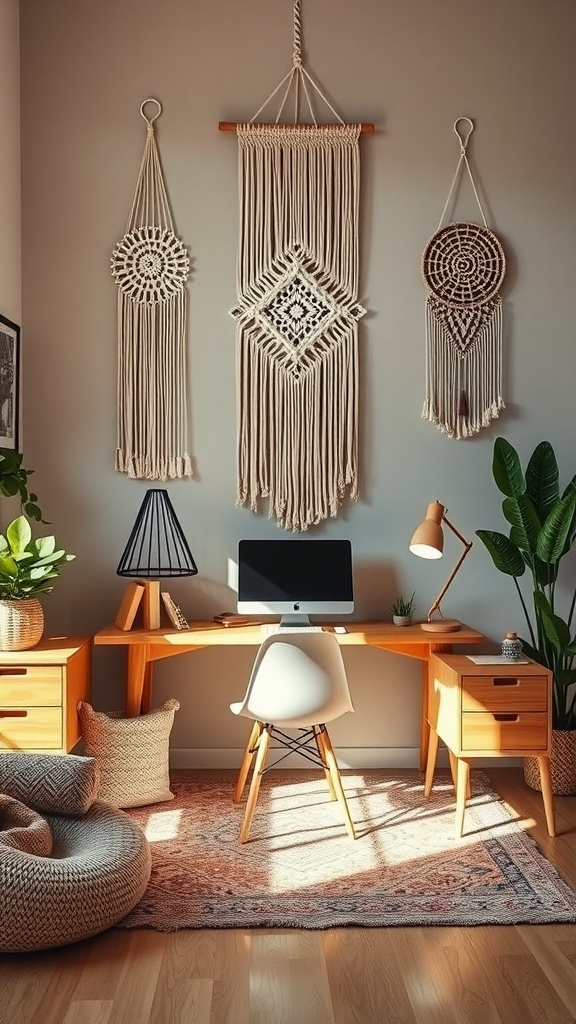 A cozy home office with macrame wall hangings and a stylish wooden desk