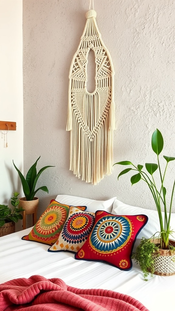A macramé wall hanging decoratively displayed above a bed in a cozy bedroom