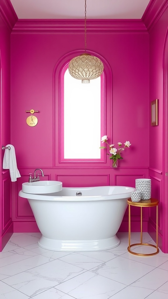 A stylish bathroom with bright magenta walls, a white bathtub, and elegant decor.