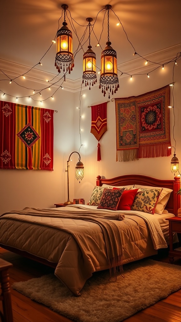 Cozy bedroom with Moroccan lanterns, fairy lights, and colorful textiles