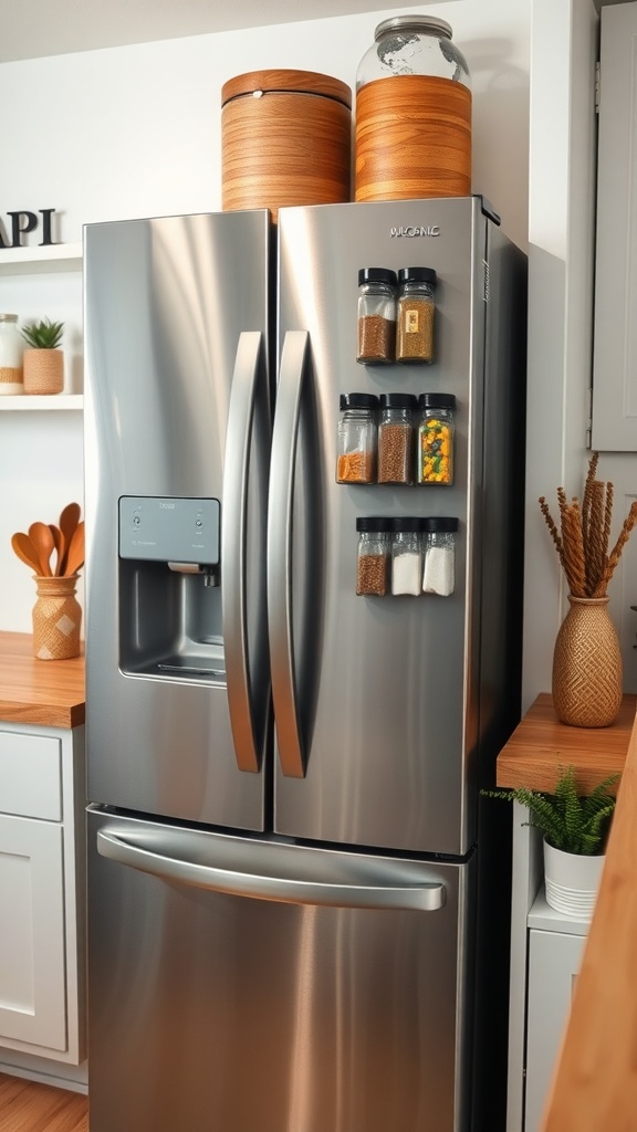 A stainless steel refrigerator with magnetic spice jars attached to the side, complemented by wooden storage containers on top.