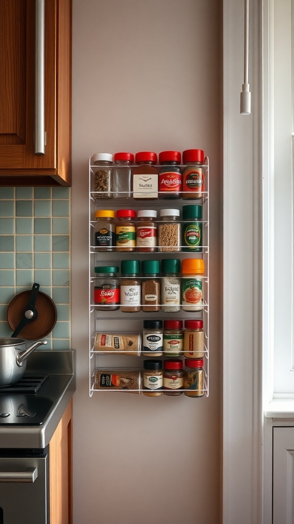 A wall-mounted magnetic spice rack with assorted spice jars in a small kitchen.