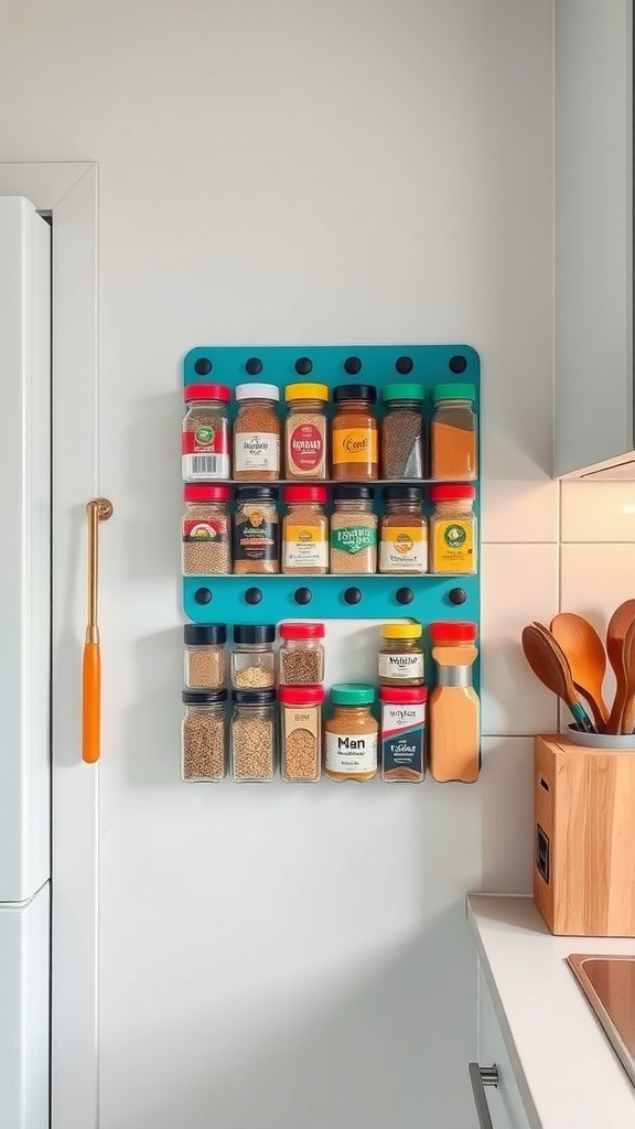 Magnetic spice rack with various jars on a wall in a small kitchen.