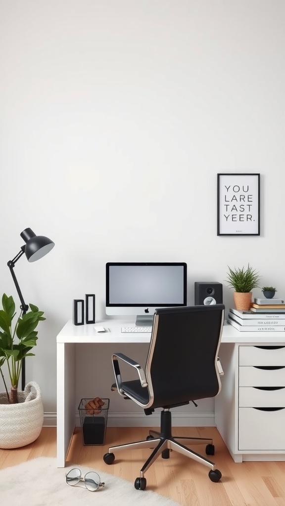 A modern, clutter-free home office with a computer, black chair, plants, and minimalist decor.