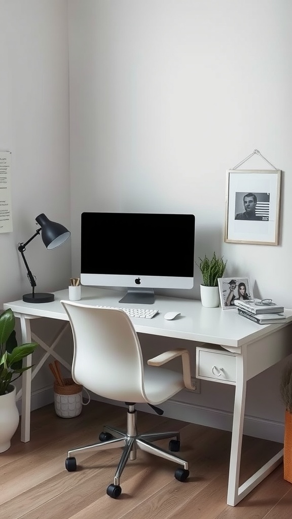 A clean and organized corner desk with a computer, lamp, and plants, emphasizing a clutter-free workspace.