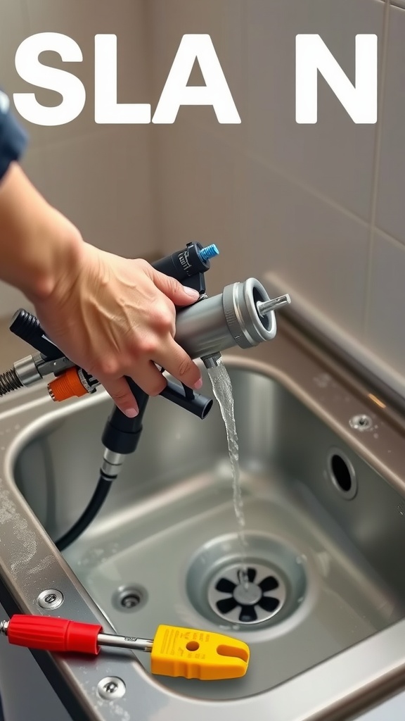 A person cleaning a paint sprayer in a sink, emphasizing the importance of maintenance.