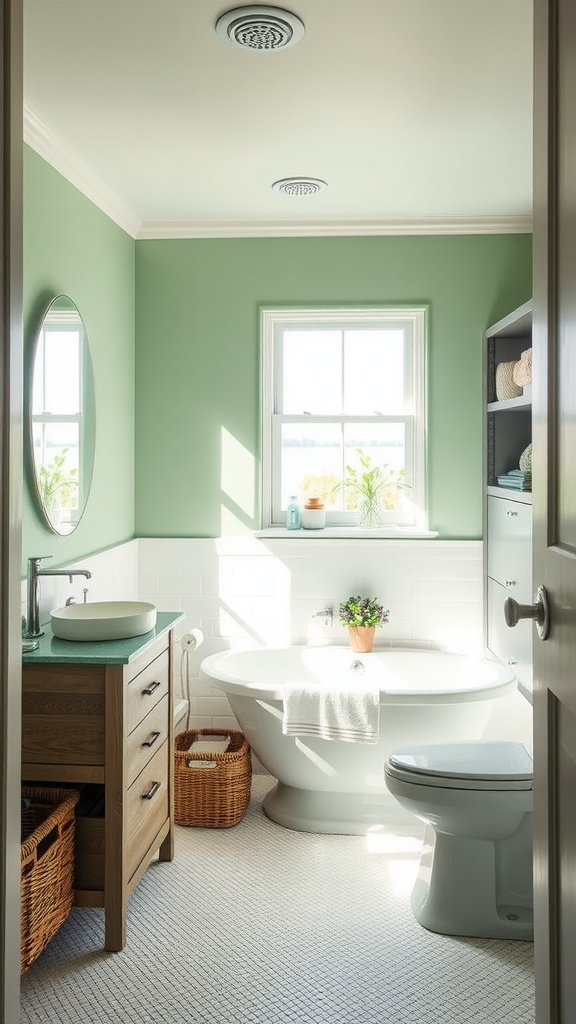 Small bathroom with soft green walls, white fixtures, and natural light.