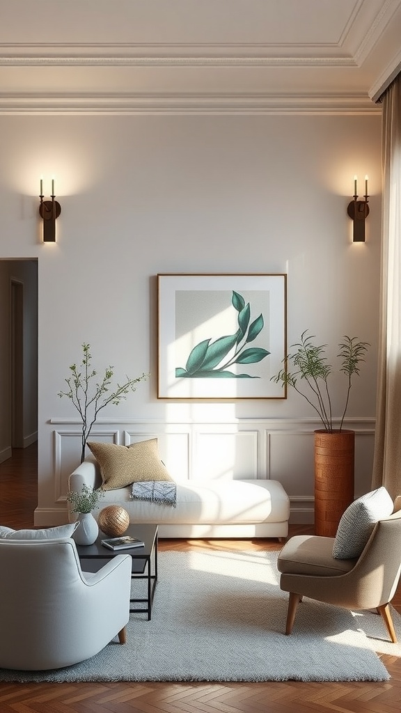 A cozy living room with wall sconces, a sofa, and a plant, illustrating effective lighting design.