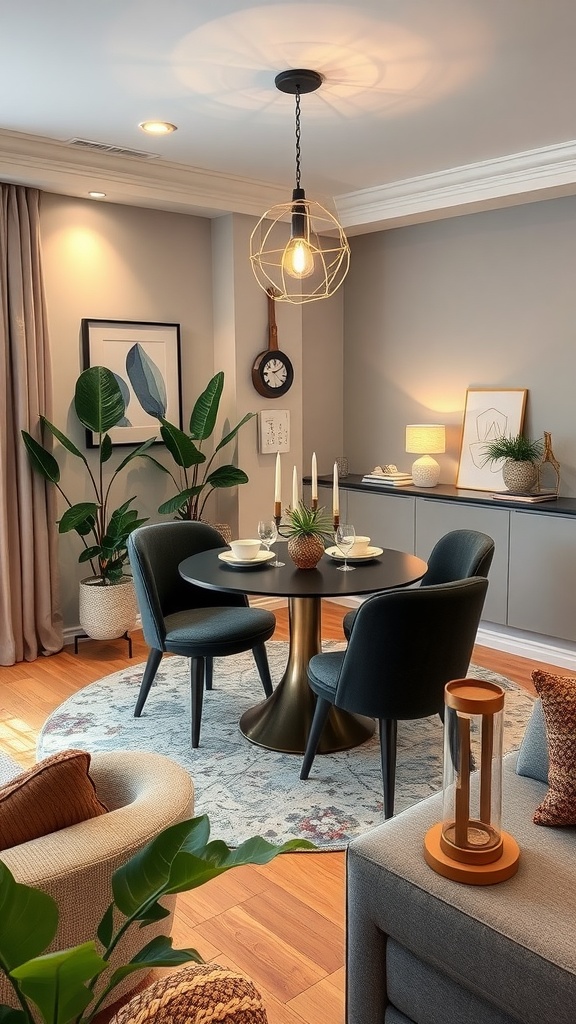 Cozy dining area in a small living room with a round table, stylish chairs, and warm lighting.