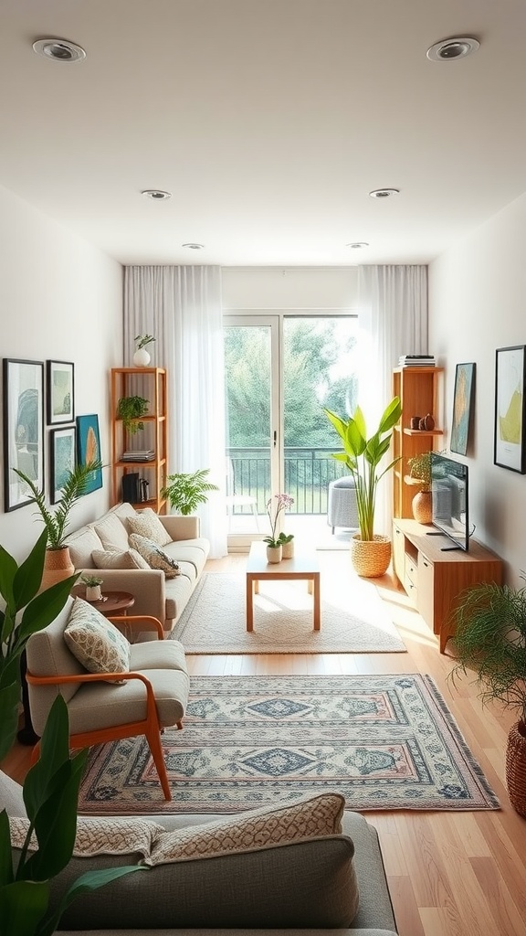 A small living room layout featuring a dining area with natural light and plants