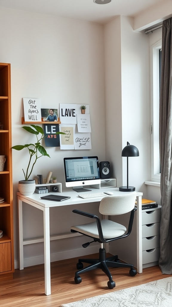 A minimalist corner desk setup in a small apartment with a computer, chair, and wall decor.