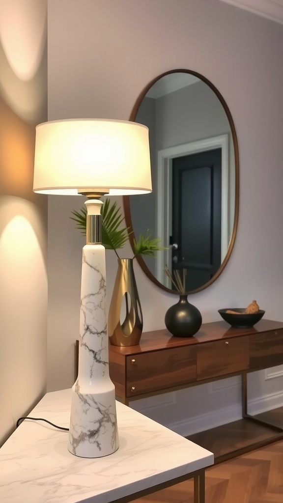 A marble base table lamp on a console table in an entrance hall