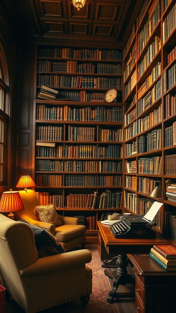 A cozy library with wooden bookshelves filled with books, featuring a vintage typewriter, comfortable seating, and warm lighting.