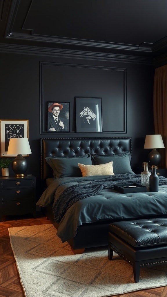 A stylish and elegant masculine bedroom featuring dark walls, a tufted bed, and artistic decor.