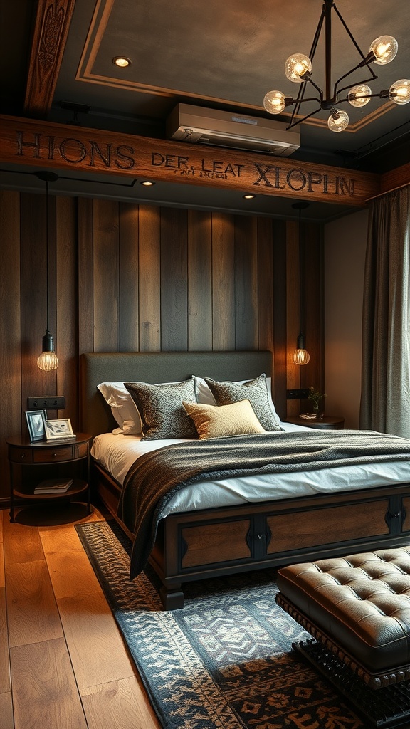 A cozy bedroom featuring a wooden wall, stylish lighting, and elegant bedding.